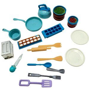 Barbie Kitchen Accessories Set 18 Pc Pans Utensils Toaster Ice Tray Food Barrels